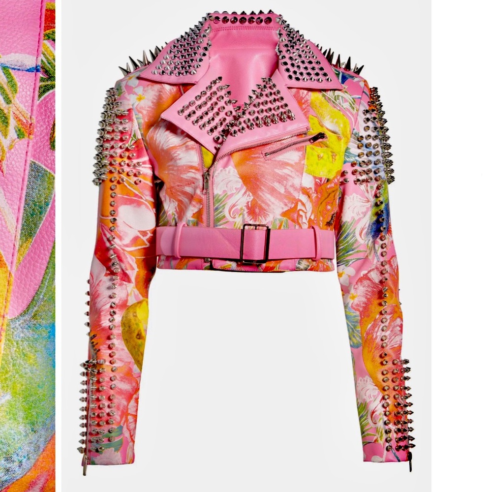 🔥🌺 Azalea Wang floral tropical cropped lightweight faux lthr moto jacket 🌺🔥